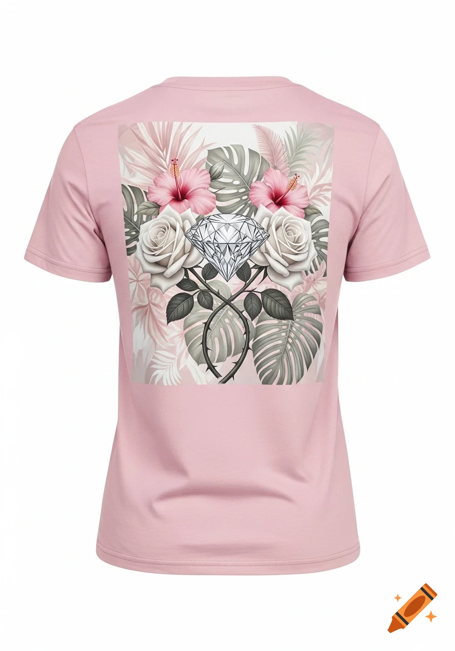 Back view of a pastel pink T-shirt featuring a stylized design of a white diamond, two white roses with thorns, and tropical leaves.