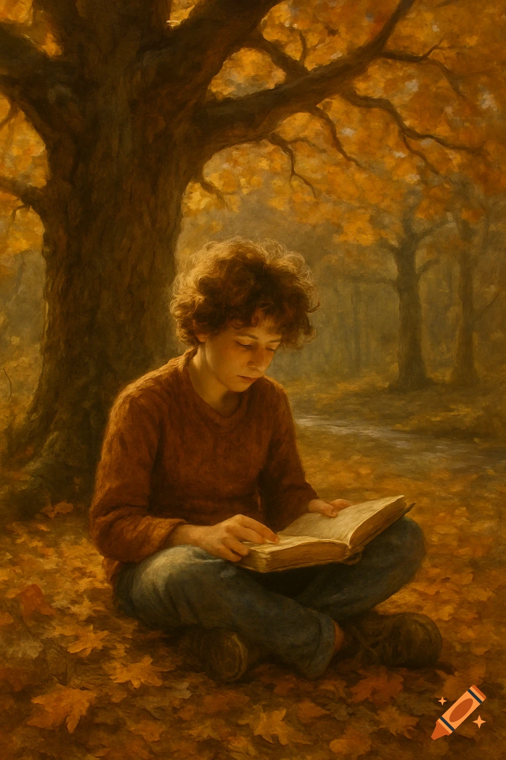 A child with curly hair sits cross-legged under an autumn tree, engrossed in reading a book in a painterly style.