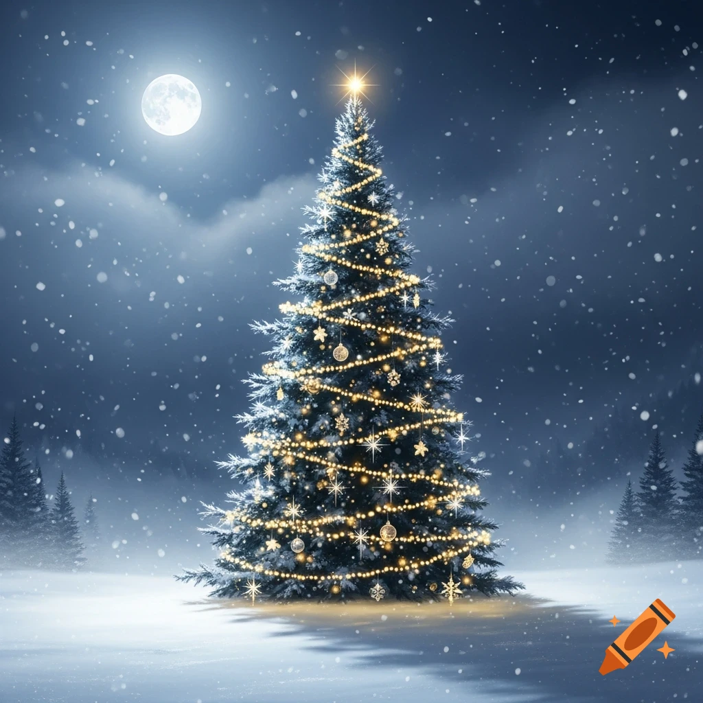 A beautifully lit Christmas tree stands prominently in a snowy forest ...