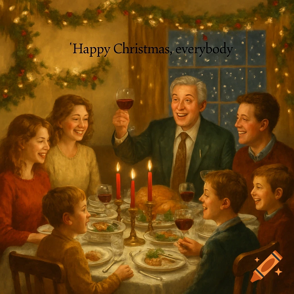A family gathers around a candlelit Christmas dinner table, with a man raising a glass and text reading 'Happy Christmas, everybody'.