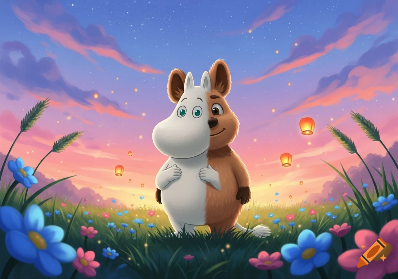 A cartoon fusion of Moomin and Talking Ben in a vibrant flower field with lanterns at sunset.