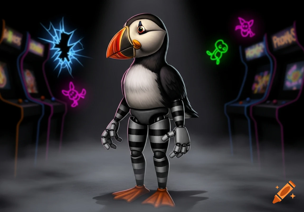 A stylized robotic puffin animatronic with black and white striped limbs stands in a dark, foggy arcade with glowing neon game cabinets and symbols in the background.