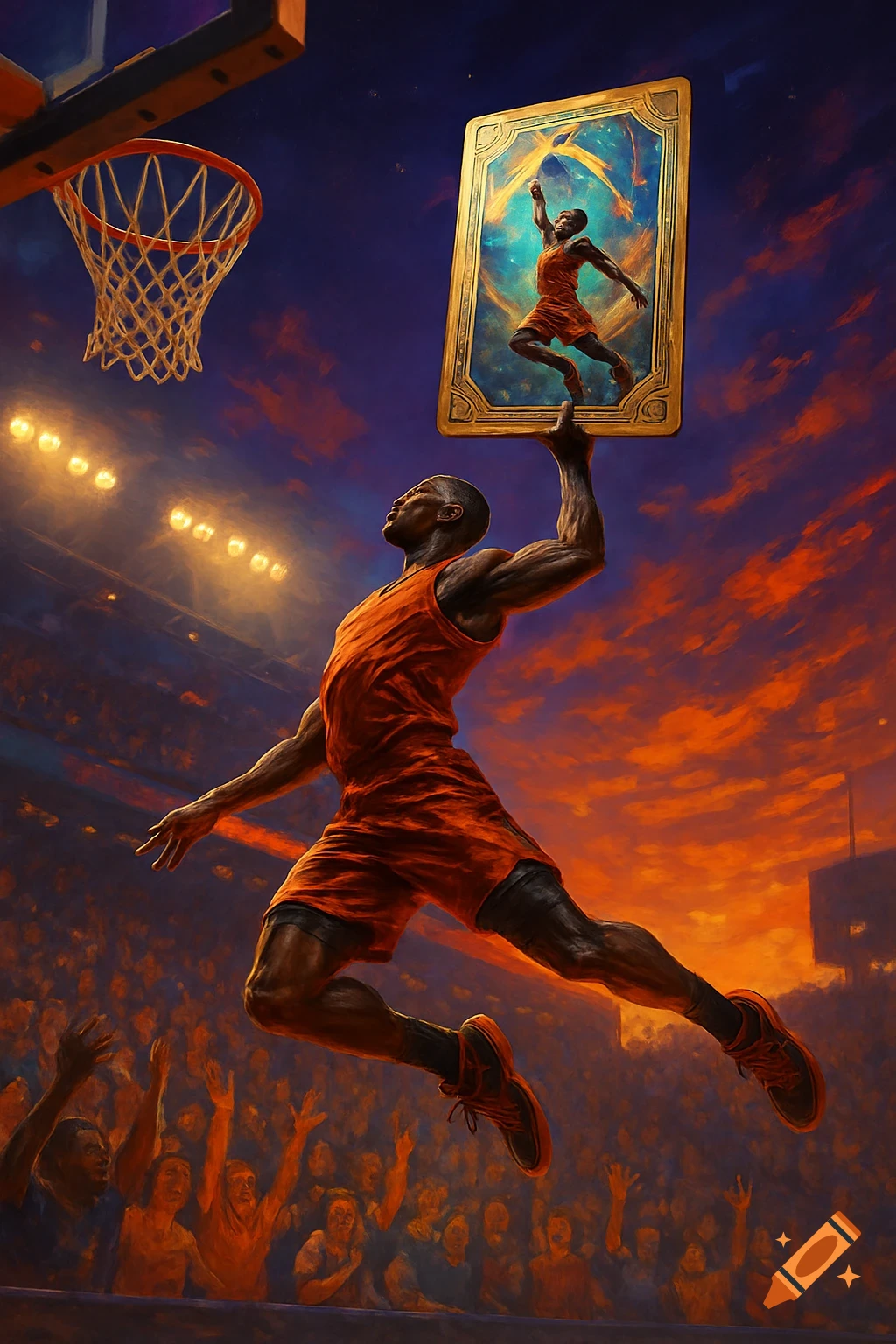 A powerful basketball player in an orange uniform dunks, holding an illuminated basketball collector card against a vibrant sunset sky in a stadium.