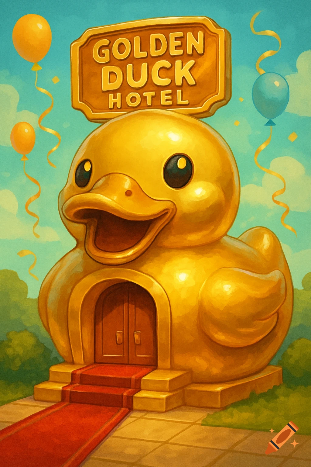 A colorful cartoon illustration of a giant golden duck-shaped hotel with a red carpet leading to its entrance, under a sign reading "GOLDEN DUCK HOTEL".