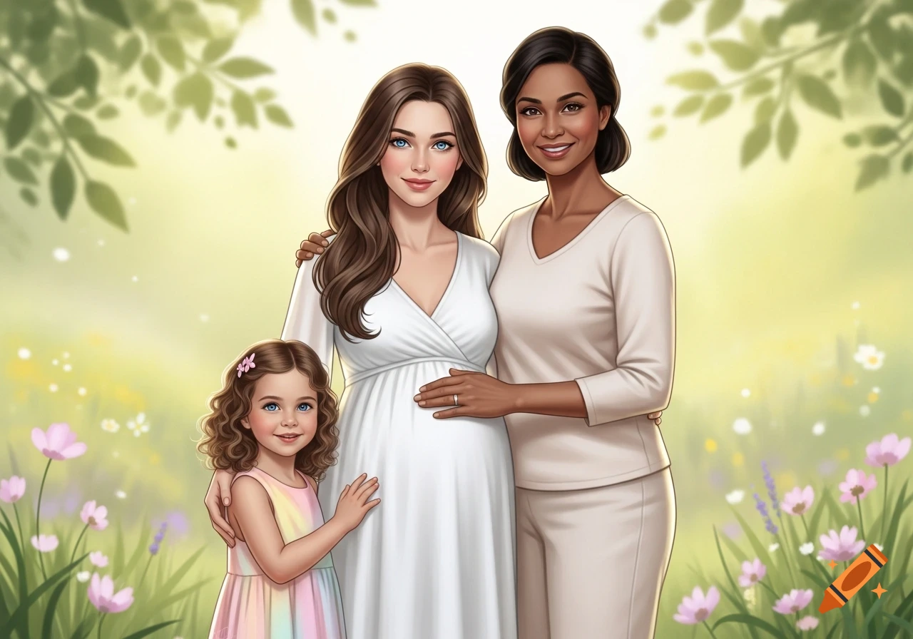 Illustrated portrait of a pregnant woman, another woman, and a young girl standing together in a vibrant garden.