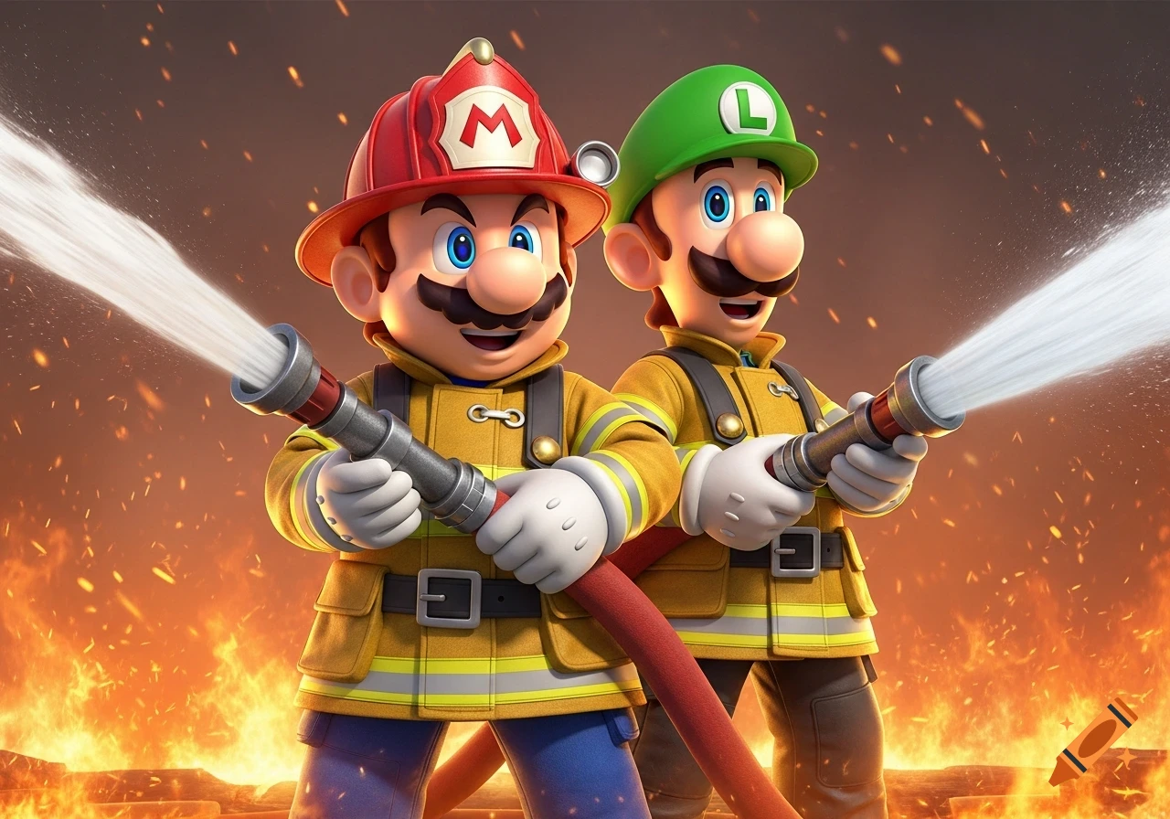 Mario and Luigi, dressed as firefighters, spray water from hoses against a backdrop of raging fire in a vibrant 3D rendering.