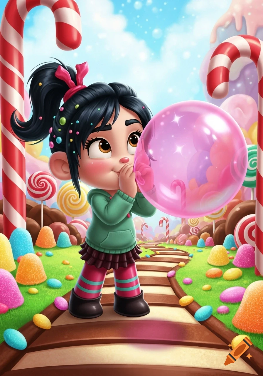 Vanellope von Schweetz blowing a large pink bubble gum bubble in a vibrant candy land with lollipop trees and gumdrop hills.