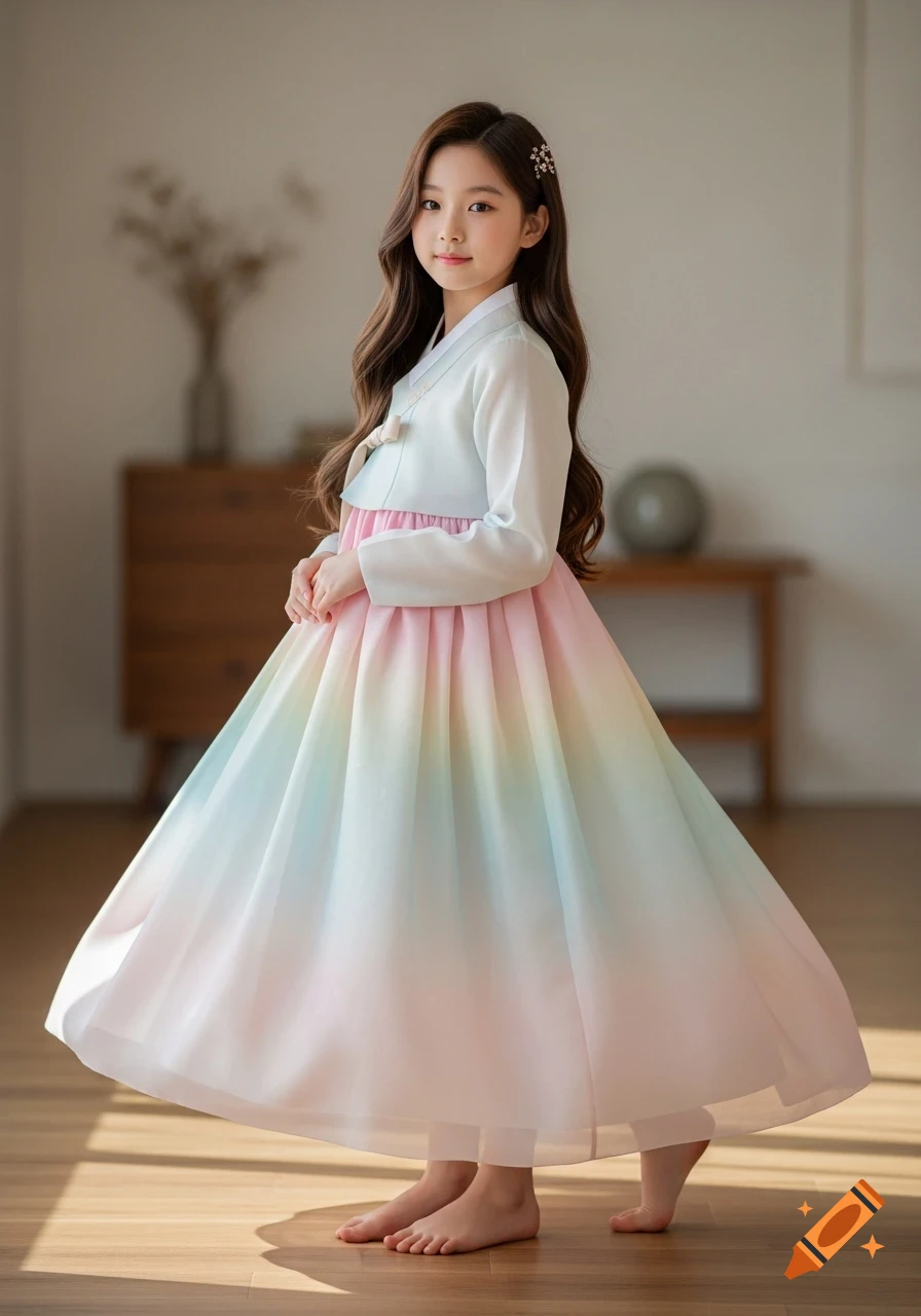 A young Korean girl with long brown hair, wearing a white and pastel rainbow hanbok, stands barefoot on a wooden floor.
