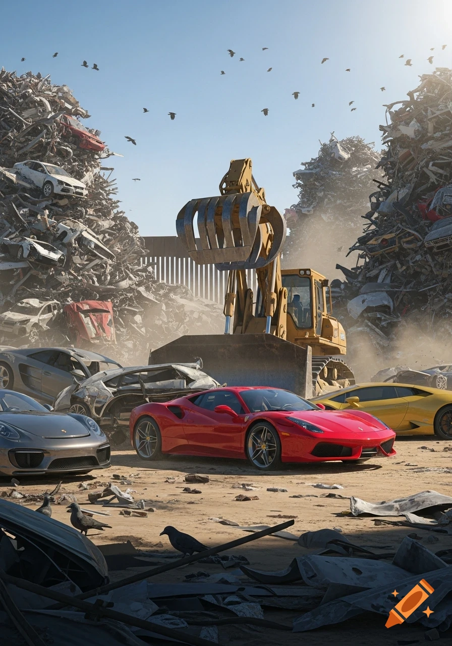 A red Ferrari and a yellow Lamborghini sit on dirt in a junkyard with piles of crushed cars and a large yellow bulldozer.
