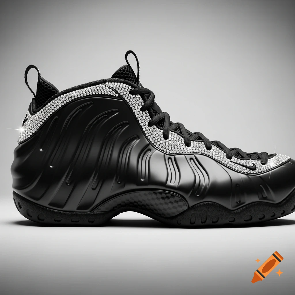 A black Nike Foamposite One sneaker, embellished with sparkling crystals along the arch and top line, against a grey background.
