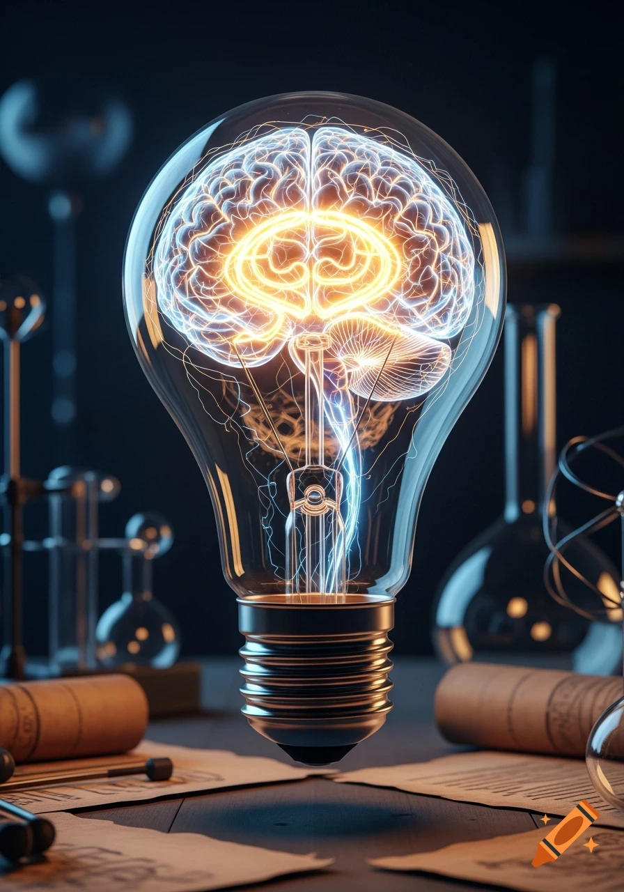 A glowing human brain inside a lightbulb, surrounded by laboratory beakers and papers on a dark table.