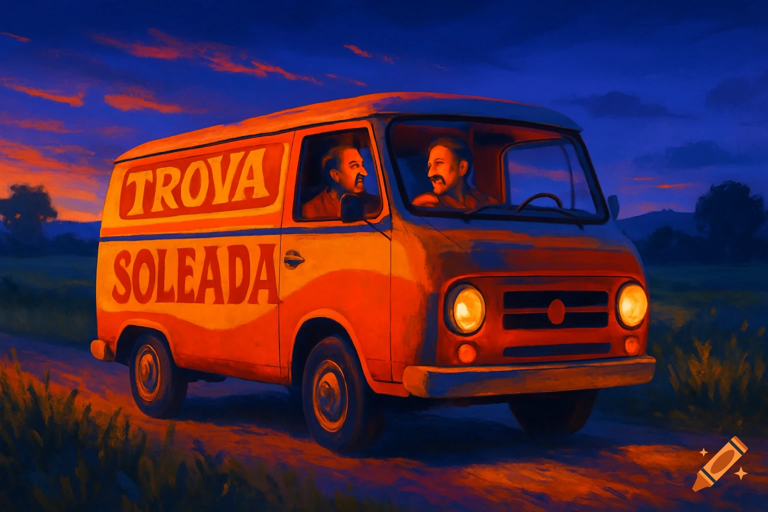 A stylized painting of an orange and blue van with 'TROVA SOLEADA' on its side, driven by two men at dusk on a dirt road.