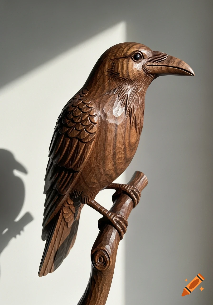 A detailed wood carving of a crow perched on a branch, made of dark walnut, with visible chisel marks and strong wood grain, dramatically lit.