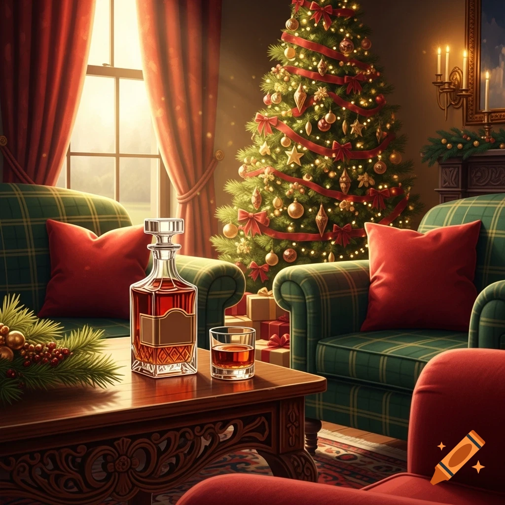 A cozy, photorealistic living room with a decorated Christmas tree, a decanter of whiskey, and a glass on a wooden table next to plaid armchairs.