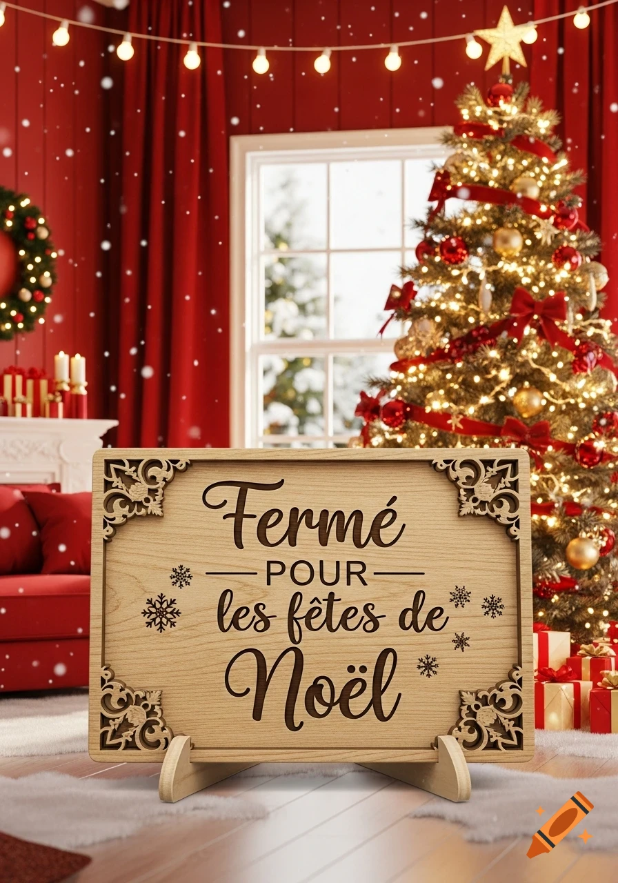 A wooden sign saying 'Ferm é POUR les f êtes de No ël' (Closed for Christmas holidays) in a festive room with a decorated Christmas tree and falling snow outside a window.