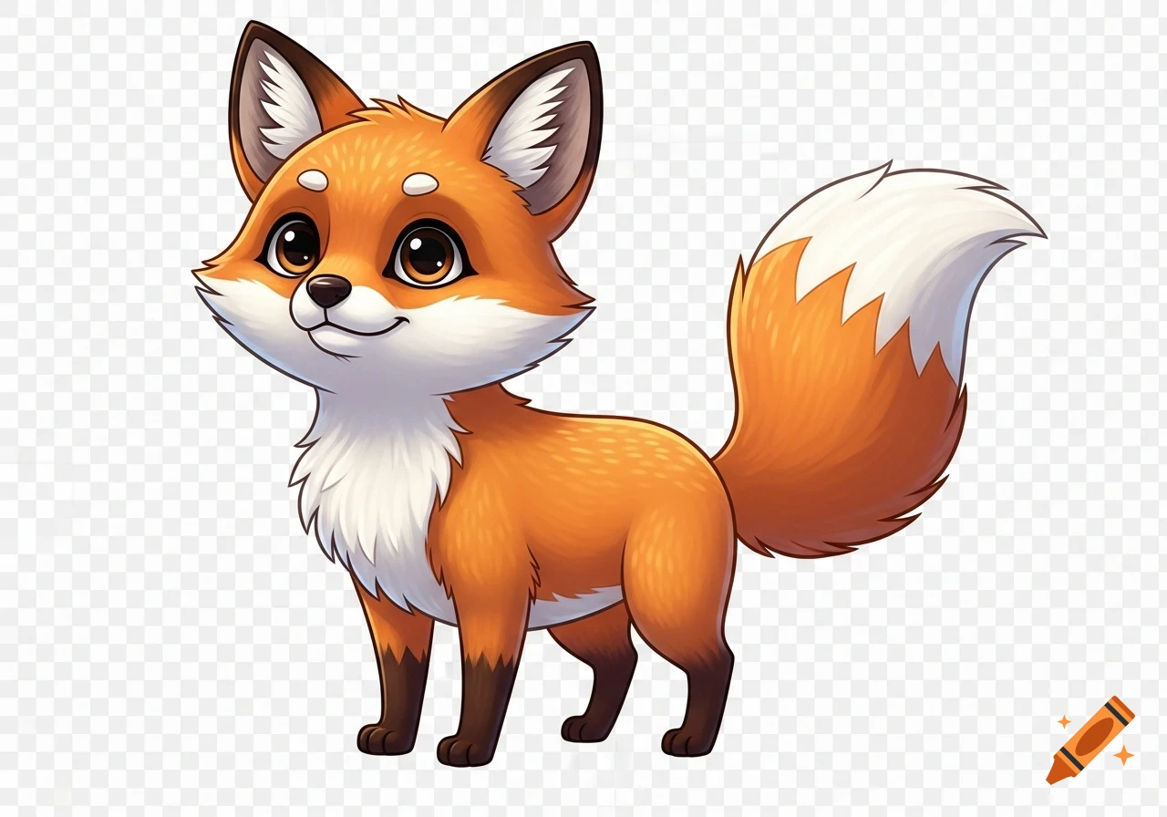 A cute, stylized cartoon fox with orange fur, a white chest, and dark brown paws, standing on a transparent background.