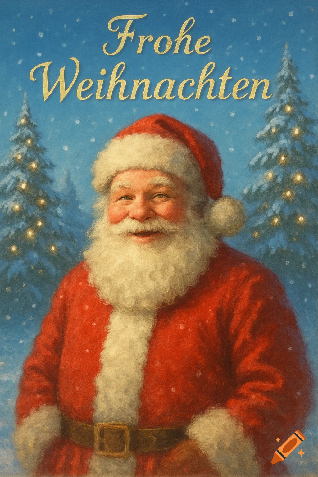 A classic, smiling Santa Claus with a red suit and white beard stands in a snowy winter landscape with illuminated Christmas trees and the text 'Frohe Weihnachten' (Merry Christmas) at the top.
