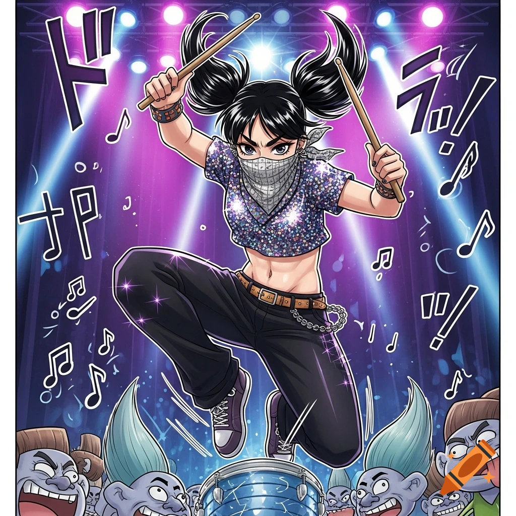 Manga-style non-binary character in a sequined crop top and pigtails, jumping with drumsticks to hit trolls on a stage with purple lights.