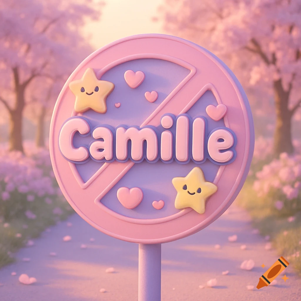A pastel pink and purple kawaii 3D 'forbidden' sign with the name 'Camille' written in the center, flanked by stars and hearts. It stands on a path lined with pink cherry blossom trees.