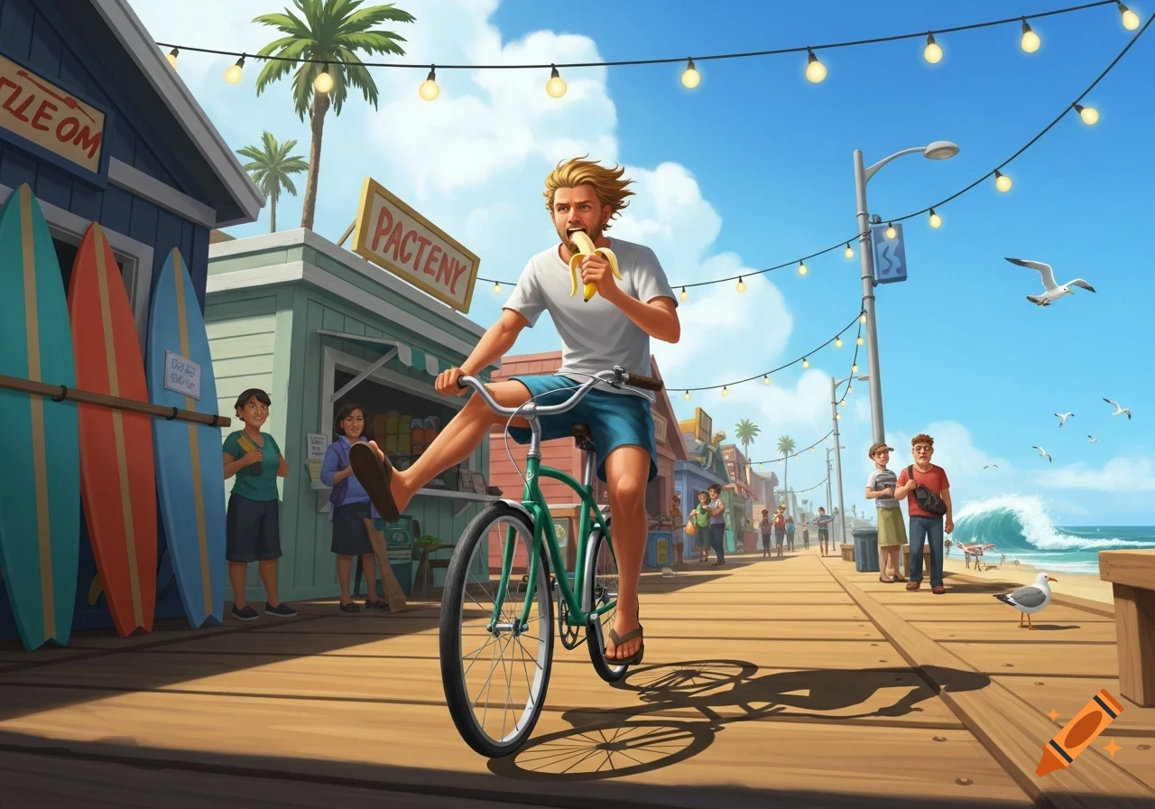 Illustrated man riding a bike on a sunny boardwalk, feet on handlebars, eating a banana. Shops, palm trees, and ocean in background.