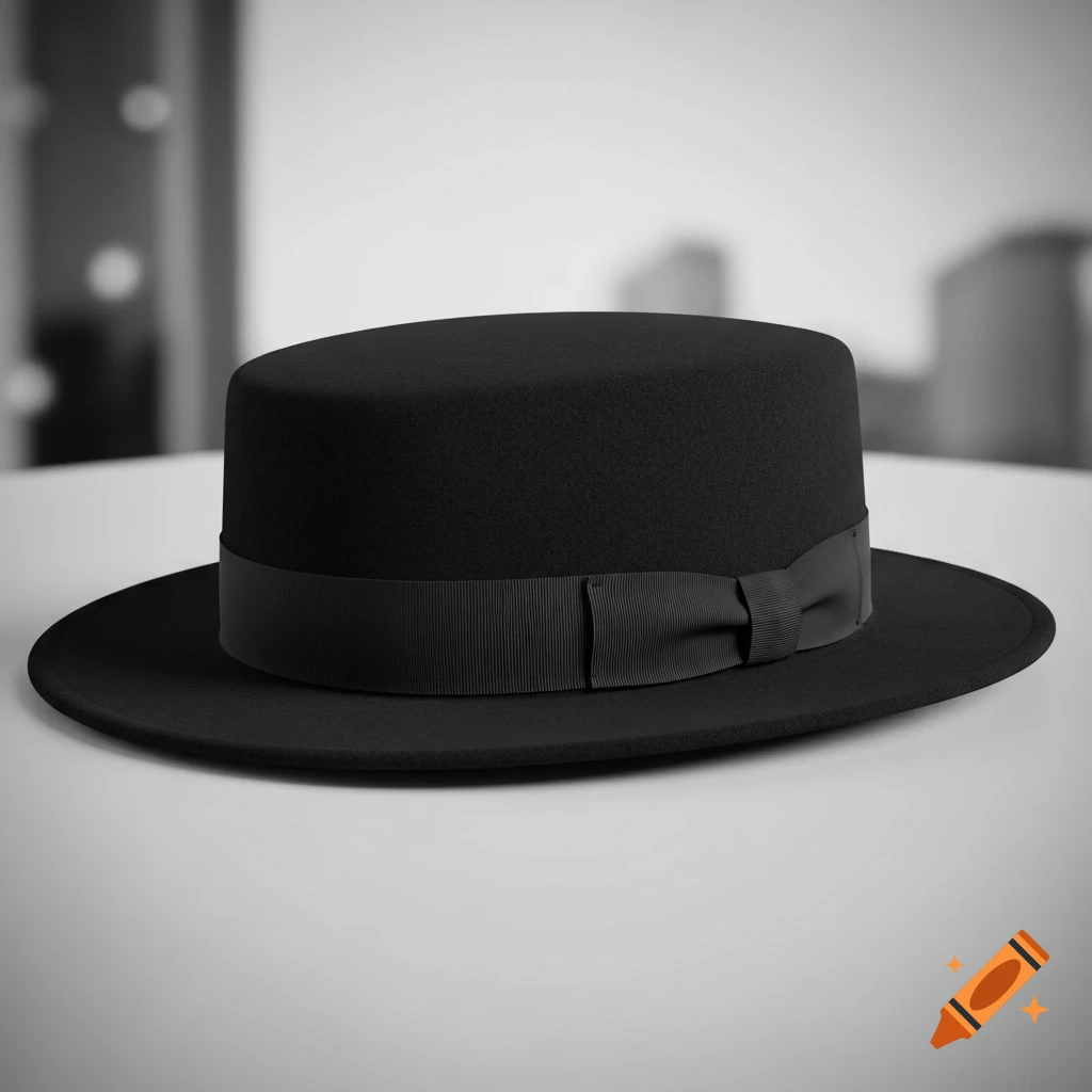A black felt boater hat with a flat crown and brim, featuring a black ribbon band, set against a blurred background.