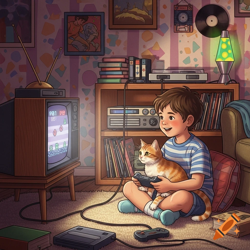 A child sits on the floor, a cat in his lap, playing retro video games on an old TV in a nostalgic room.