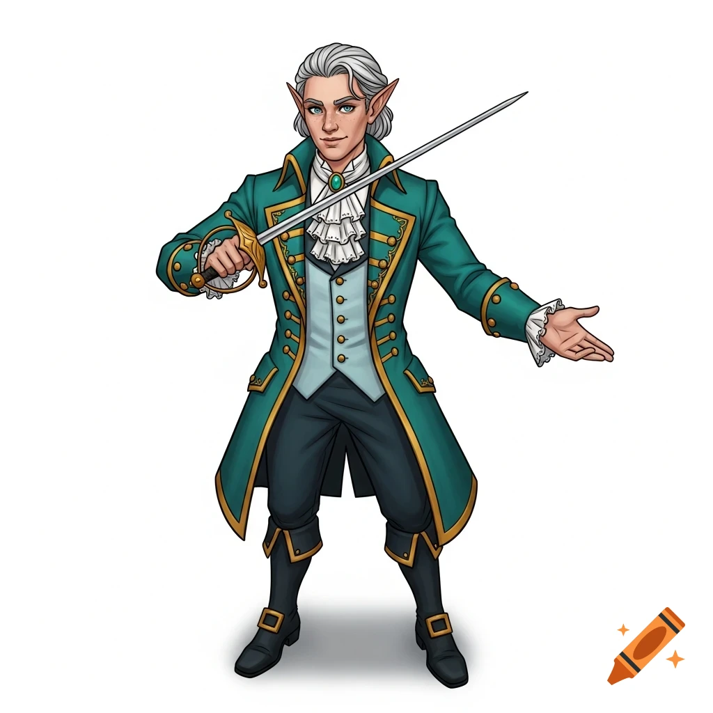 Fantasy illustration of a charismatic half-elf bard in a teal longcoat, holding a rapier, offering an open hand.