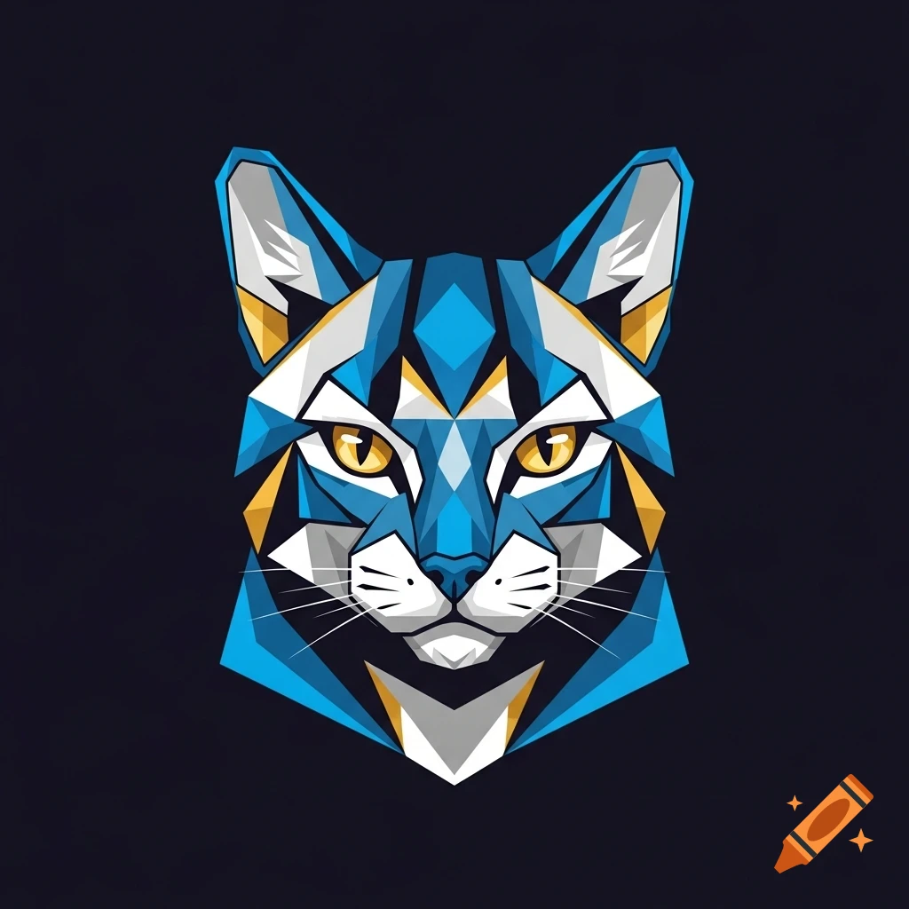 A front-facing geometric cat face logo made of sharp angular shapes in blue, white, gold, and gray, on a dark background.