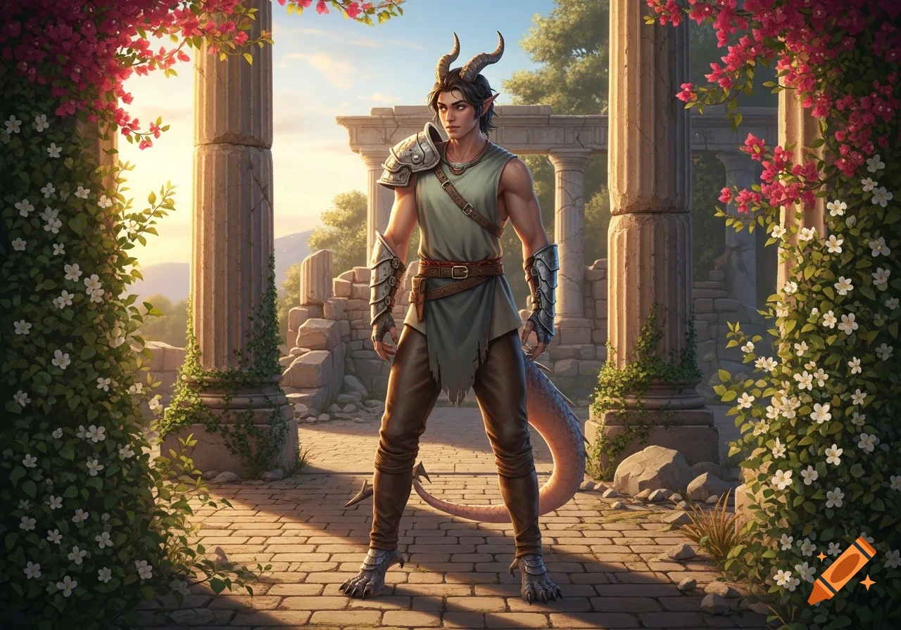 A dragon-horned person with a tail, wearing a tunic and armor, stands in sunny ancient Mediterranean ruins with flowering vines.