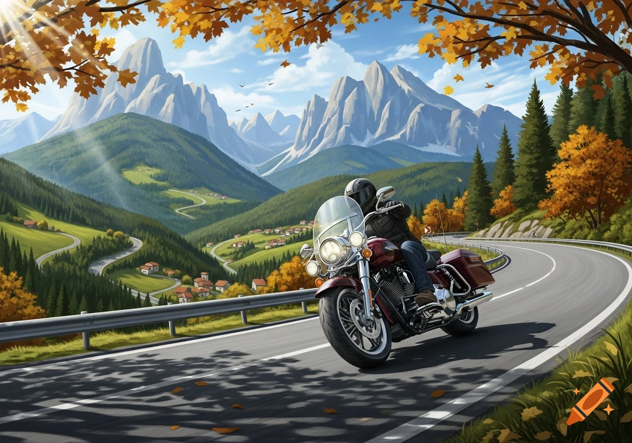 A person rides a motorcycle on a winding mountain road in a vibrant autumn landscape with green hills, snowy peaks, and small villages.