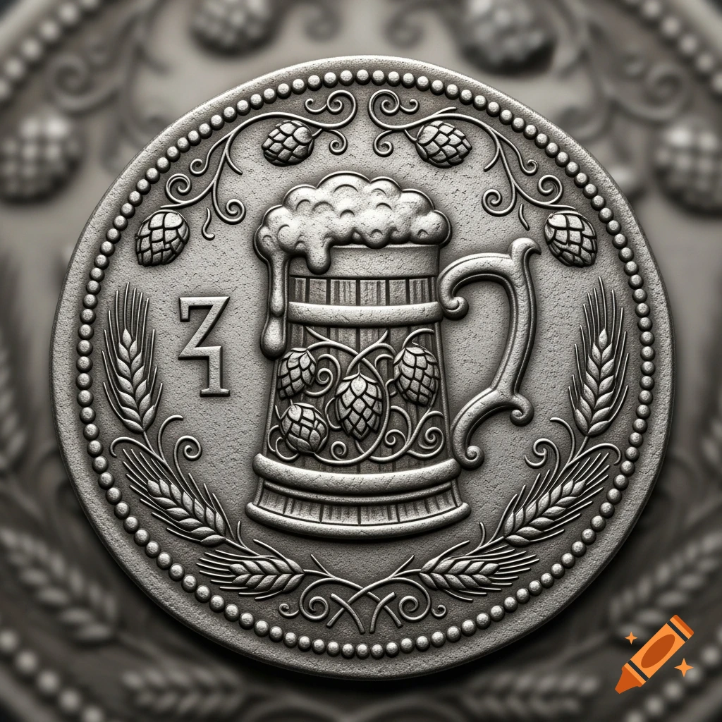 A detailed silver coin featuring a frothy beer mug, surrounded by wheat stalks and hop cones, with a decorative beaded border.