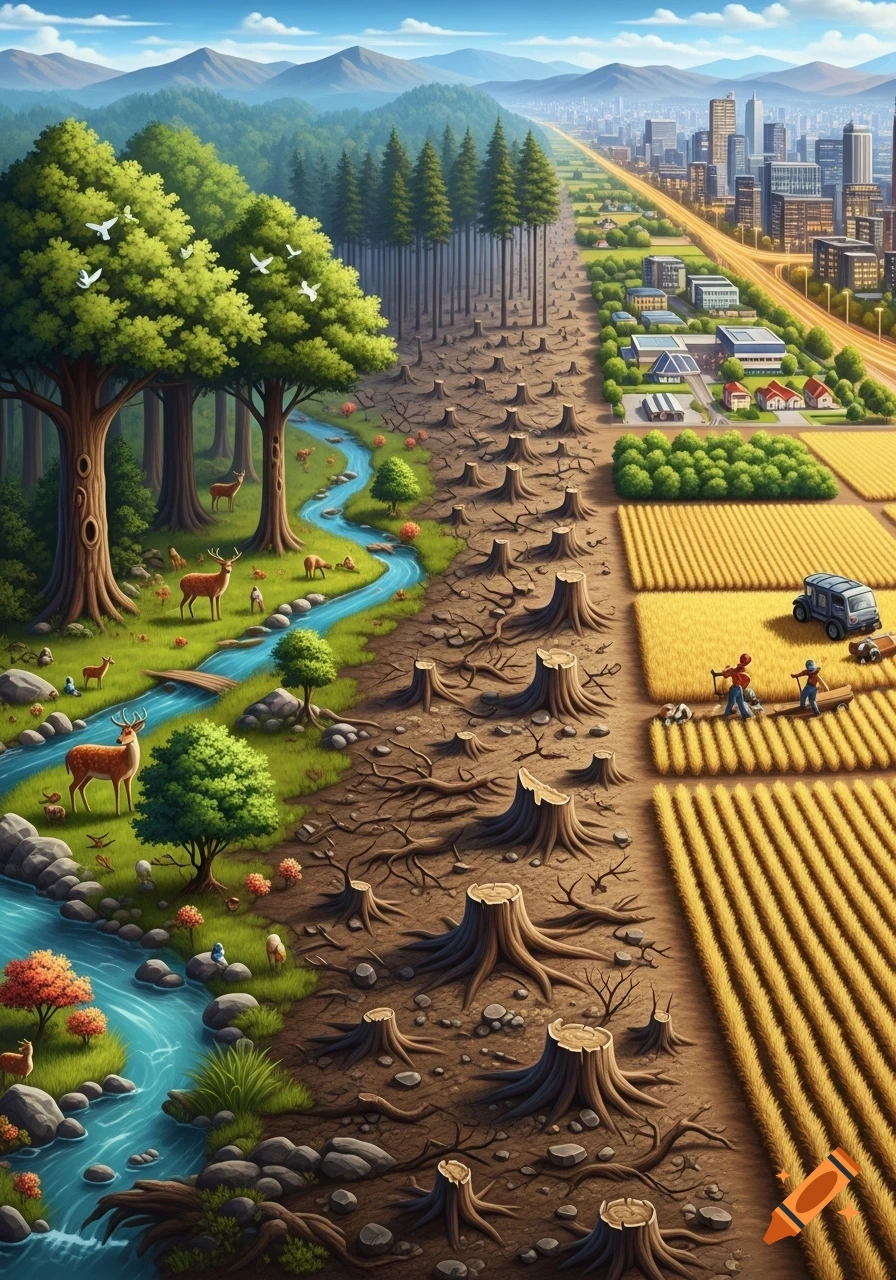 Environmental illustration of land changes: a lush forest with a river, a deforested zone, agricultural fields, and a city skyline.