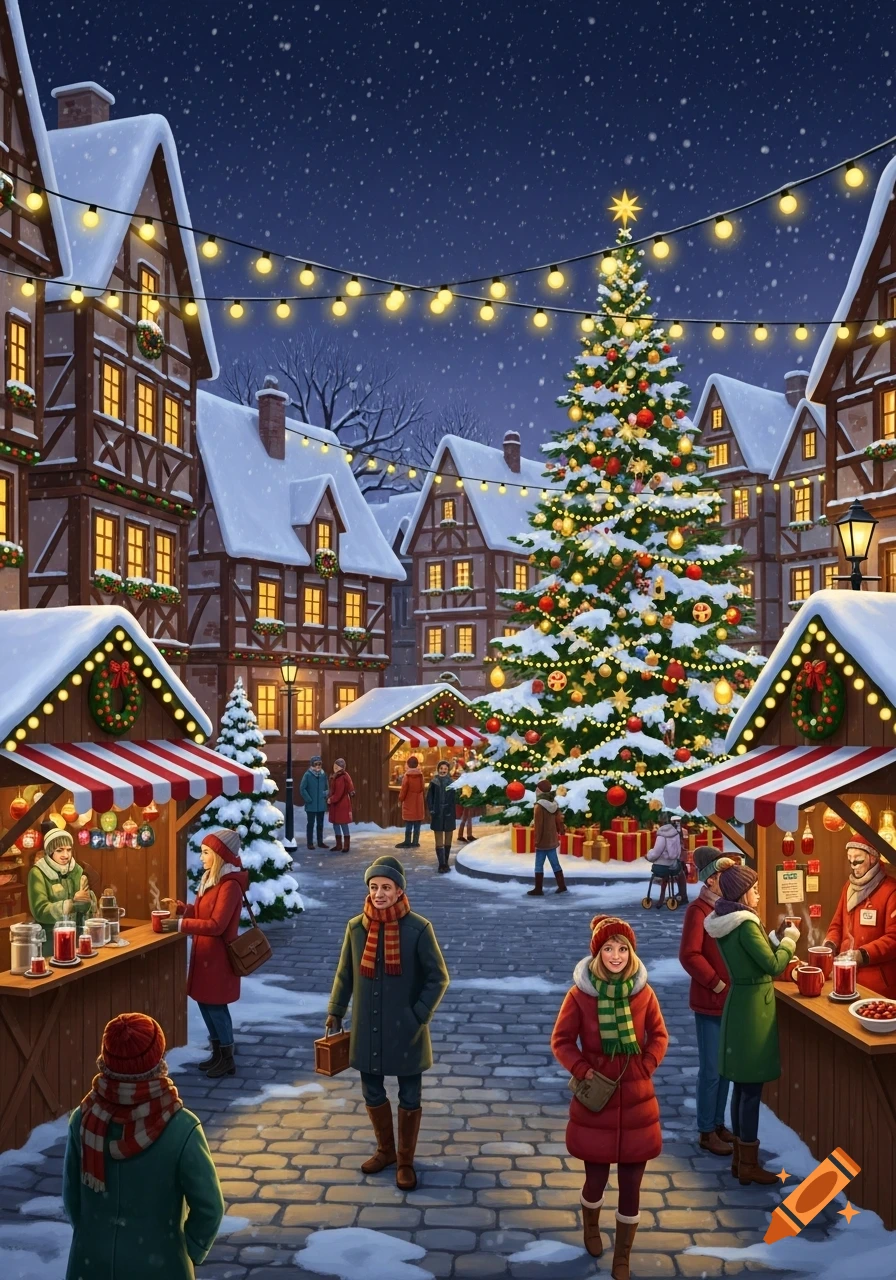 A festive illustration of a snowy Christmas market at night, featuring ...