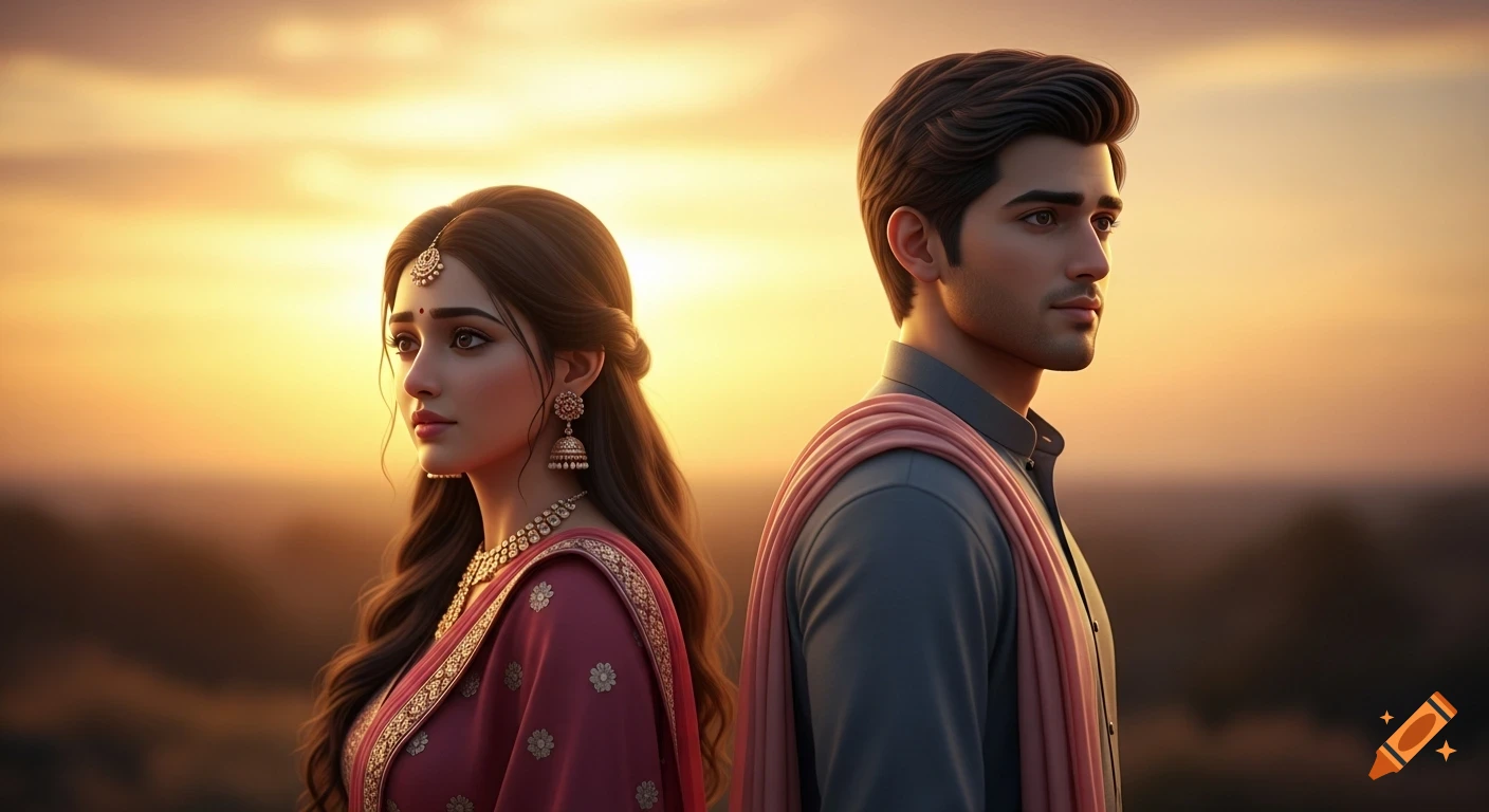 A young Indian couple stands back-to-back at sunset, with emotional, cinematic lighting.