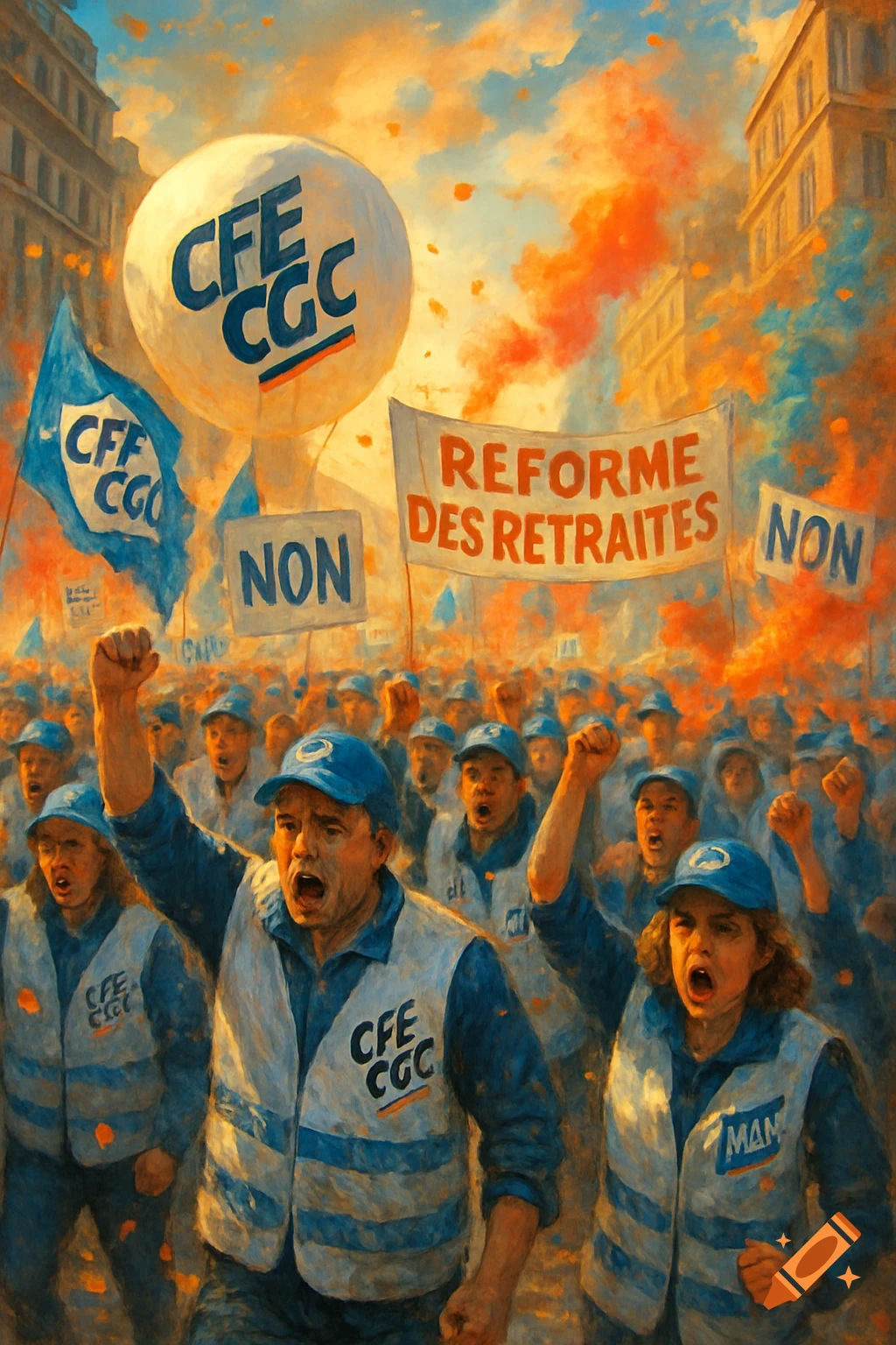 Impressionistic painting of a large crowd protesting, holding signs and flags, with "REFORME DES RETRAITES" and "NON" visible on banners.
