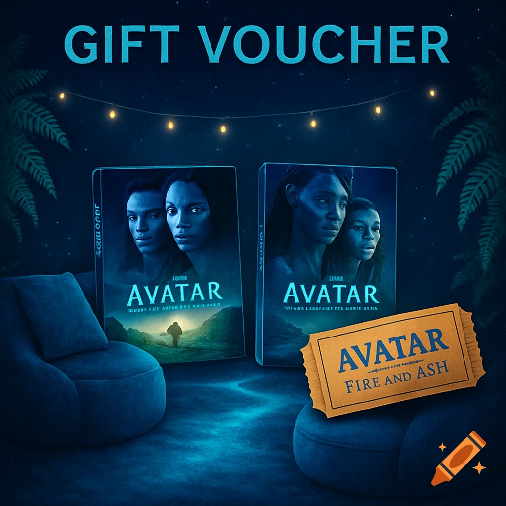 An image featuring a 'GIFT VOUCHER' at the top, two 'Avatar' movie covers, and an 'Avatar: Fire and Ash' ticket, all set in a dark room with beanbag chairs and string lights.