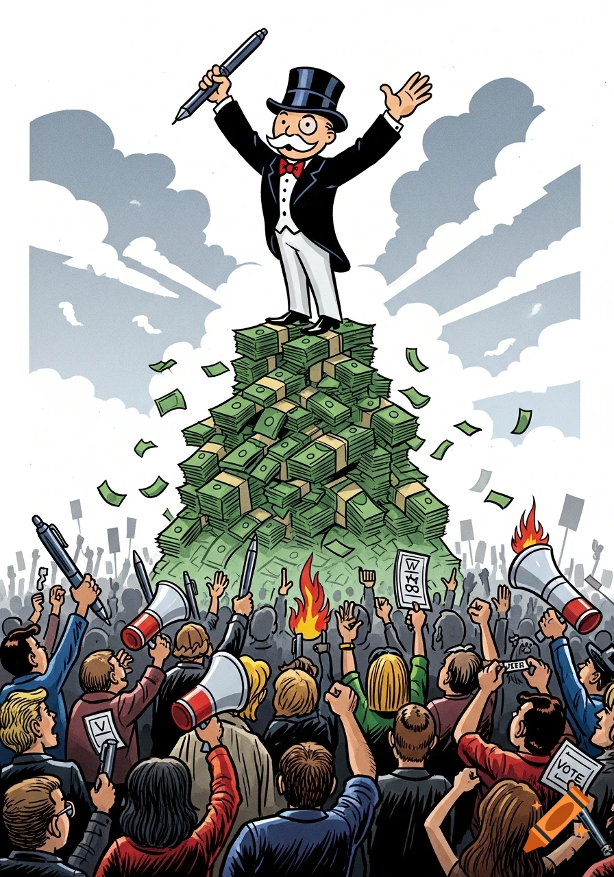 A political cartoon depicts the Monopoly Man triumphantly standing atop a huge pile of money, while a diverse crowd of protestors below raises their fists, megaphones, and pens like weapons, with some holding signs like 'VOTE'.