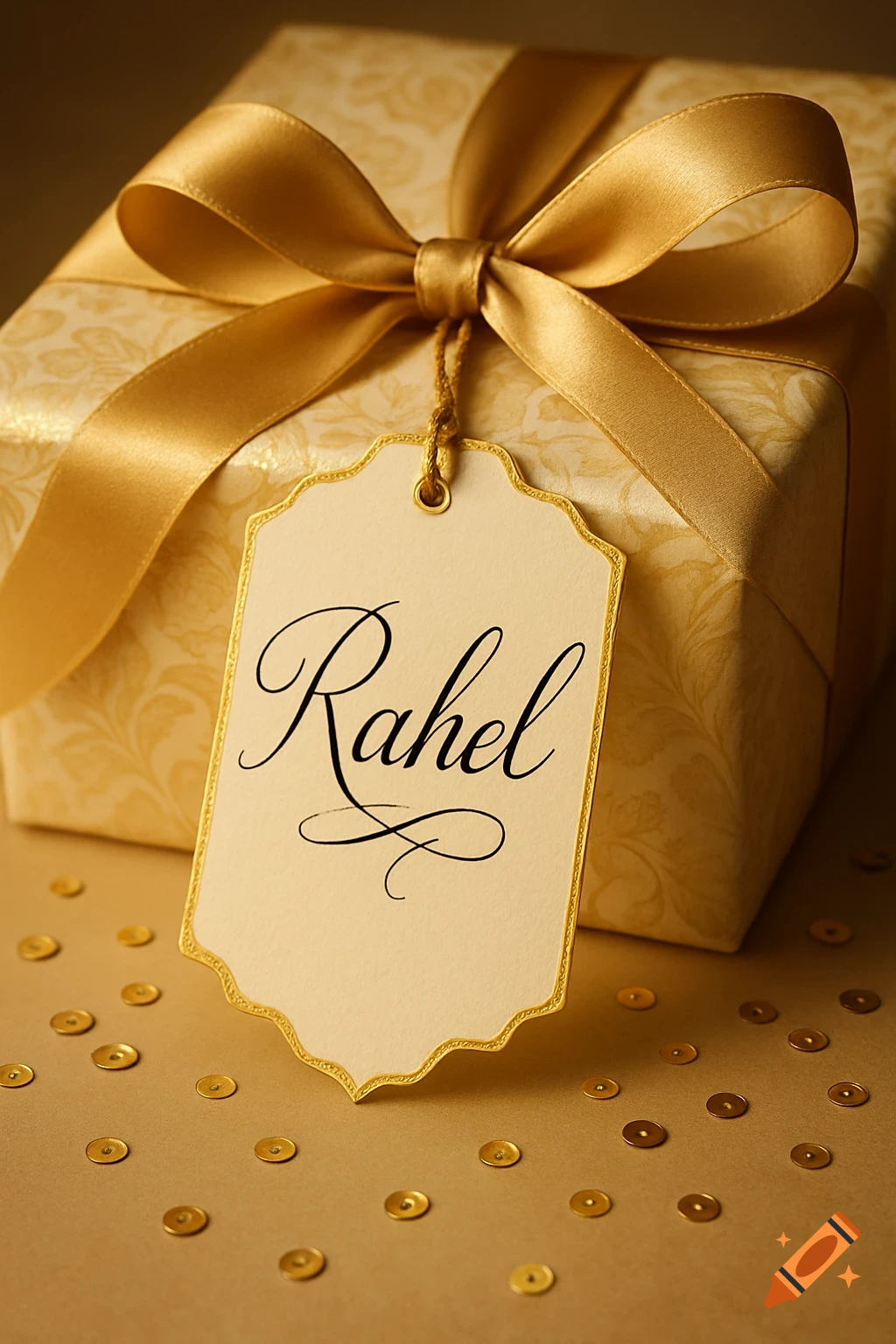 A photorealistic gift box wrapped in gold and cream paper with a gold ribbon and a tag displaying 'Rahel' in script, surrounded by gold sequins.