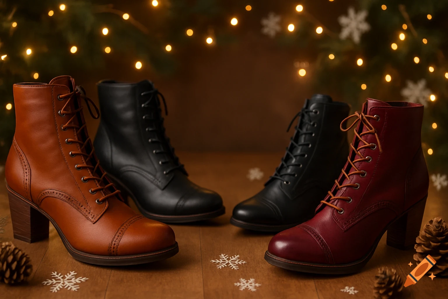 Four leather combat boots with laces, two in front (brown and red) and two black in back, on a wooden surface with pinecones and snowflakes, under string lights.