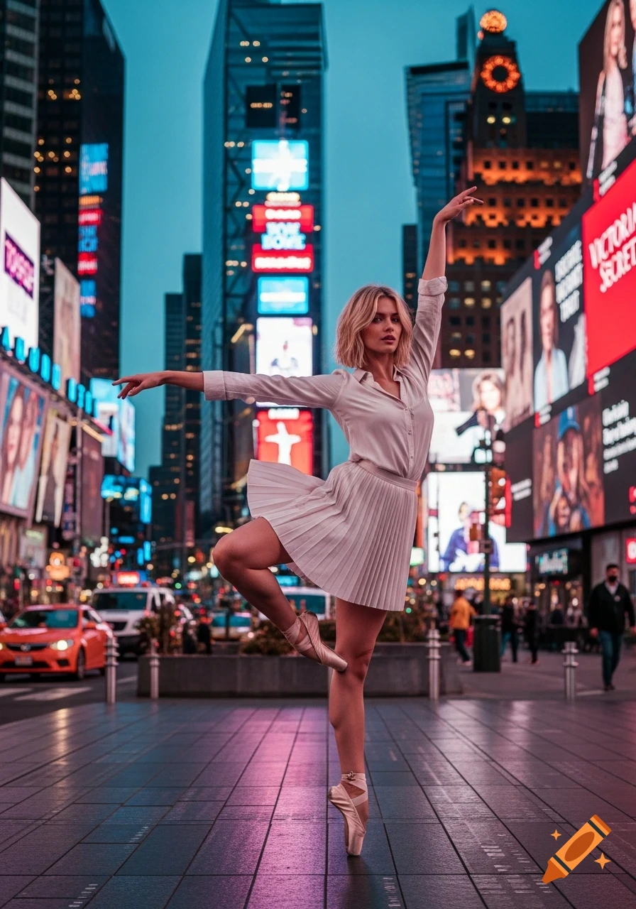 A blonde woman in a white pleated skirt and pointe shoes performs a ballet pose in Times Square amidst bright billboards.