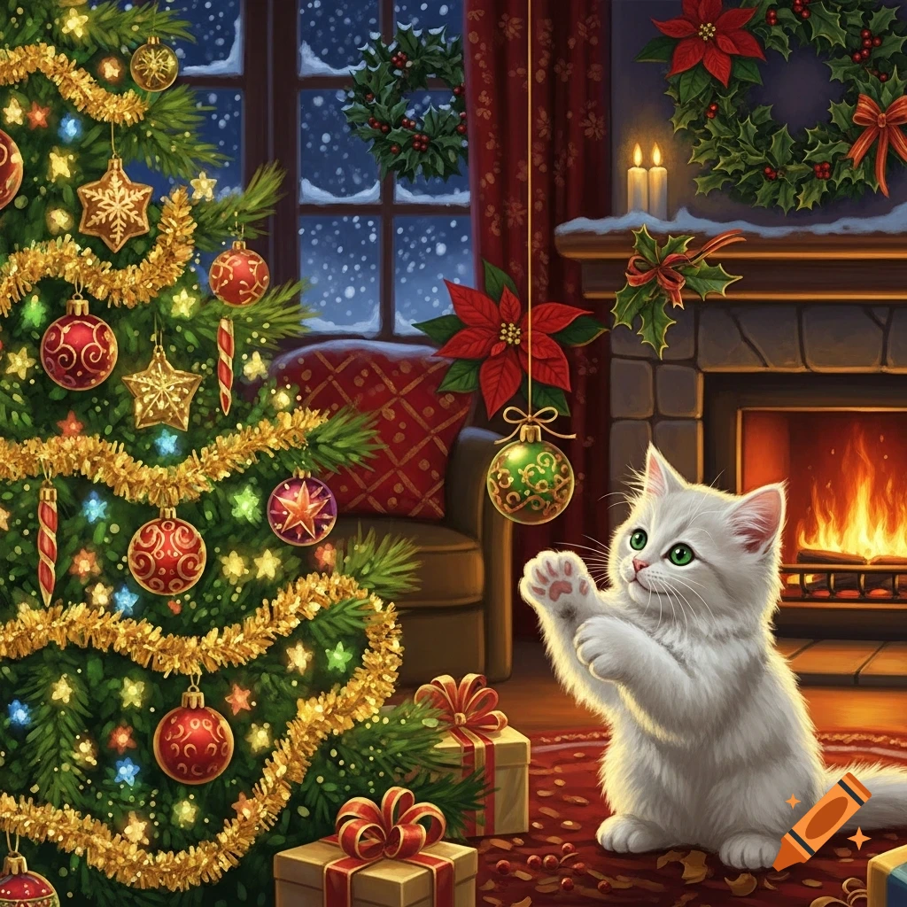 A fluffy white kitten with green eyes batting at a green ornament on a decorated Christmas tree in a cozy room with a lit fireplace.