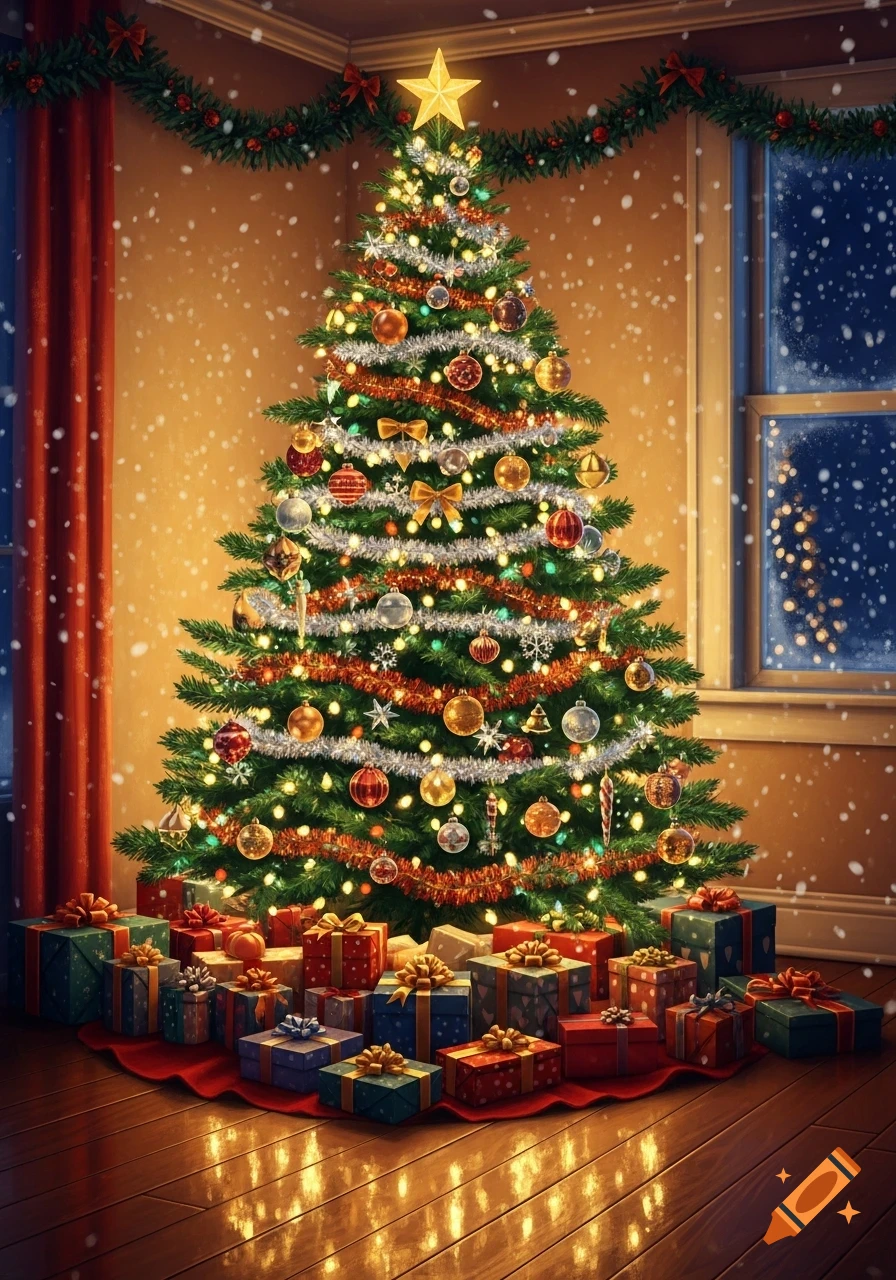 A brightly lit, decorated Christmas tree with a star on top, surrounded by wrapped gifts, with snow falling outside a window.