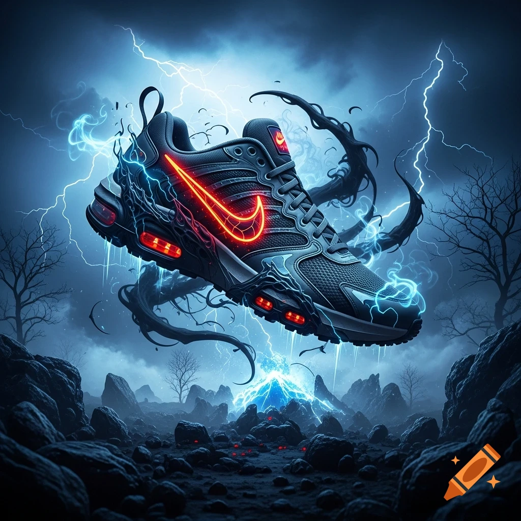 A dark, glowing sneaker with a red swoosh floats amidst blue lightning and black tendrils in a stormy, volcanic landscape.