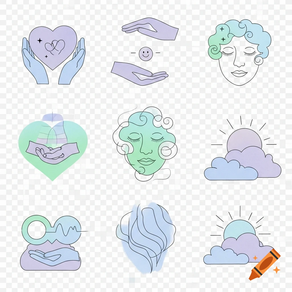 A grid of pastel-colored line art mental health icons, including hands, hearts, faces, suns, and clouds on a transparent background.