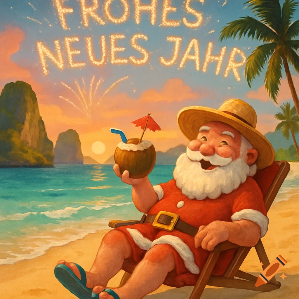 Santa Claus in a straw hat and swim shorts relaxes on a tropical beach at sunset, holding a coconut drink. "FROHES NEUES JAHR" appears in the sky as fireworks.