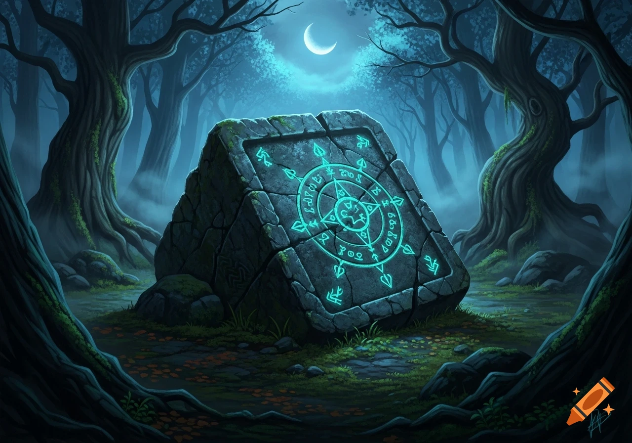A large, moss-covered stone block with glowing blue runes sits in a misty dark forest under a crescent moon, in a fantasy art style.