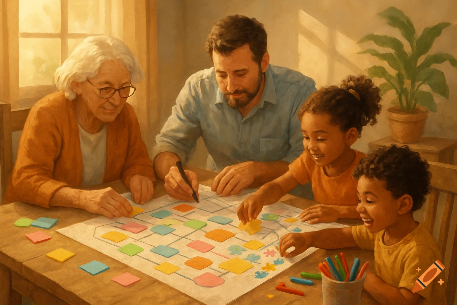 A painterly scene of a family with a grandmother, father, and two children drawing on a chart with colorful squares at a table.