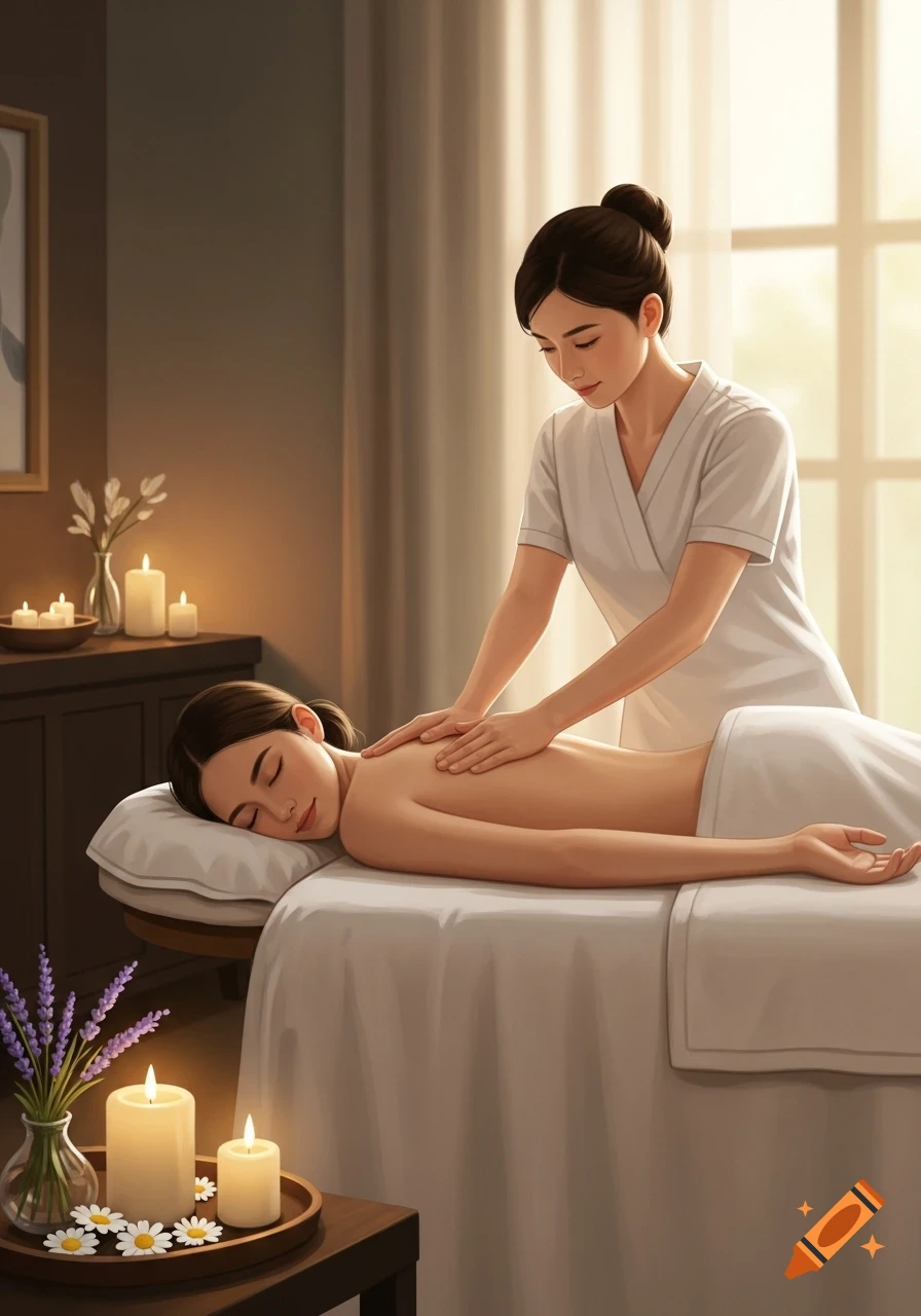 A serene illustration of a woman receiving a back massage in a spa room, with candles and lavender flowers.