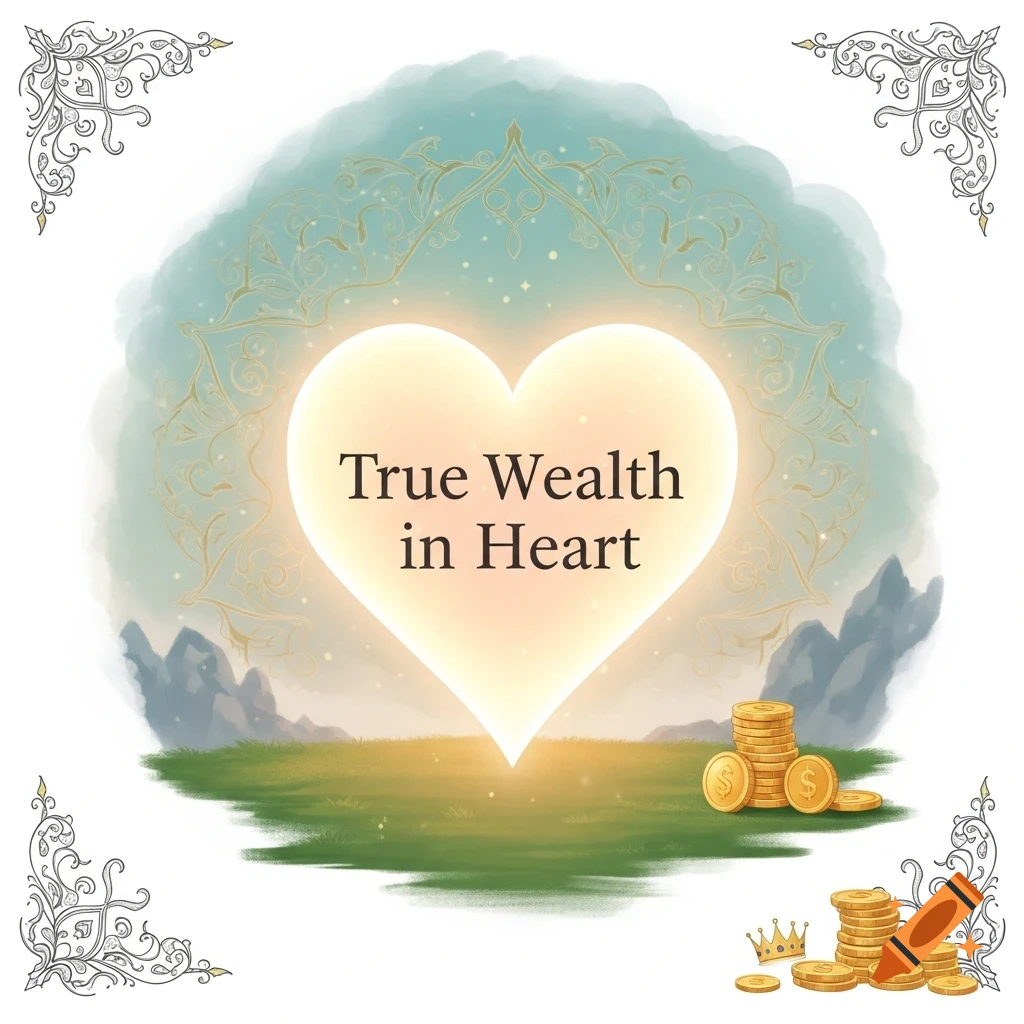 Serene digital illustration with a glowing heart reading 'True Wealth in Heart' over a landscape, subtle coins and crown, ornate corners.