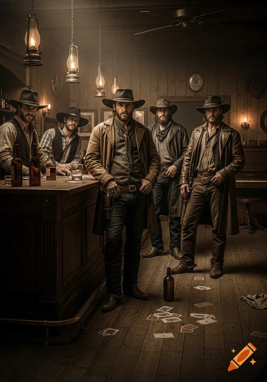 Four rugged cowboys in a dimly lit rustic saloon with playing cards on the floor, photorealistic.